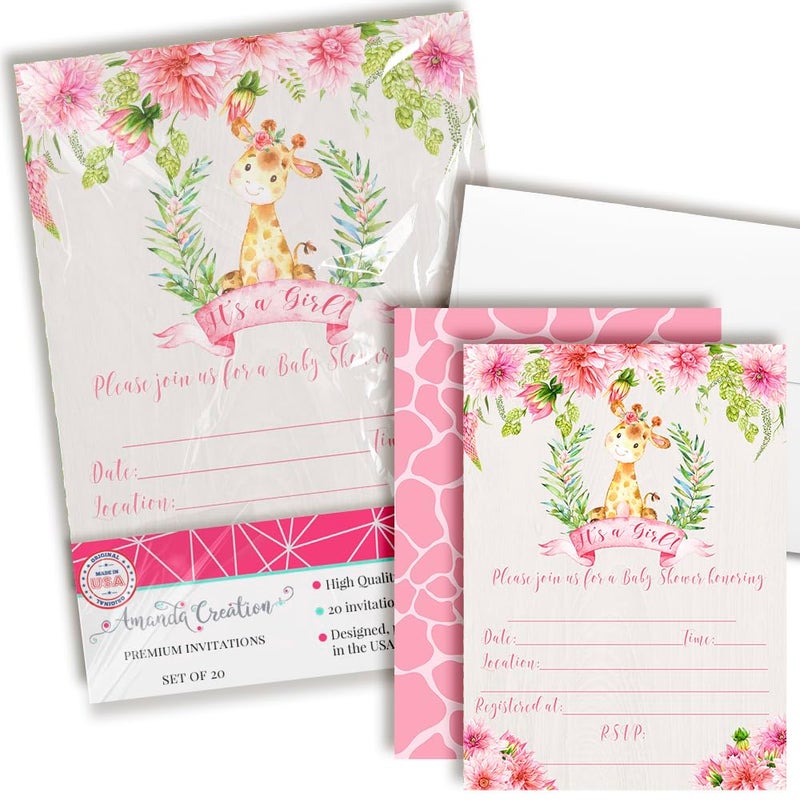 Amanda Creation Watercolor Dahlia Floral Giraffe-Themed Baby Girl Sprinkle Shower Invitations, 20 5x7 Fill In Cards with Twenty White Envelopes by AmandaCreation - Image 1